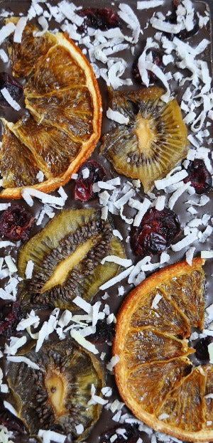 oranges, kiwi’s, cranberries and shredded coconut with dark chocolate