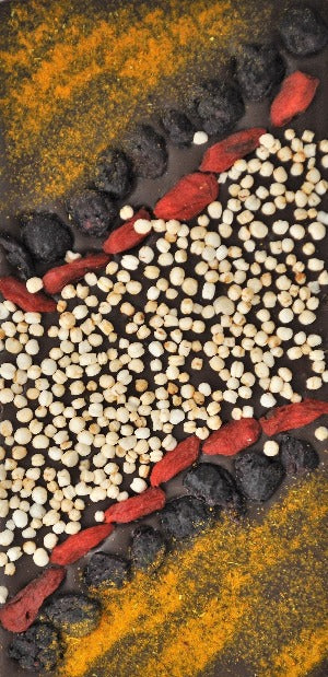 Blueberries, Goji Berries, Puff Quinoa, and Turmeric with Cardamom Powder Chocolate bar